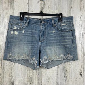 Lucky Brand denim short The Cut Off lace embroidery trim boho distressed blue 10